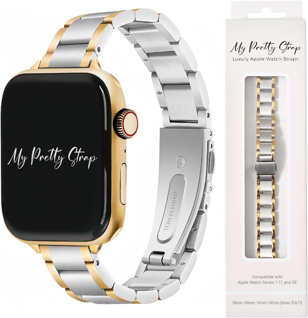 My Pretty Strap - Compatible Apple Watch Band Strap, Stainless Steel Fashion iWatch Replacement Strap- Easy Resizing, No Tool Needed, Fits Most Wrists- Series 1-11, SE and Ultra (44MM / 45MM / 46MM / 49MM / (Series 1-3 - 42MM), Dual Glaze Gold Silver)