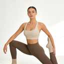 Workout Sets for Women 2 Piece Seamless High-Waisted Leggings & Cross Back Padded Sports Bra for Yoga Pilates (Medium, Light Khaki / Khaki)