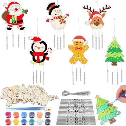 Silipull 24 Sets Christmas Wind Chimes Craft DIY Color Your Own Wooden Wind Chime Santa Claus Snowman Coloring Hanging Crafts for Christmas Winter Party Favor Home Activities
