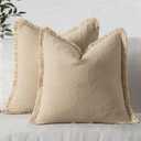 Decorative Throw Pillow Covers Neutral Linen Fringe Throw Pillows Euro Shams Set of 2 Beige Boho Farmhouse Cushion Covers for Couch Sofa Bed Living Room Spring Home Decor 24x24 Inch
