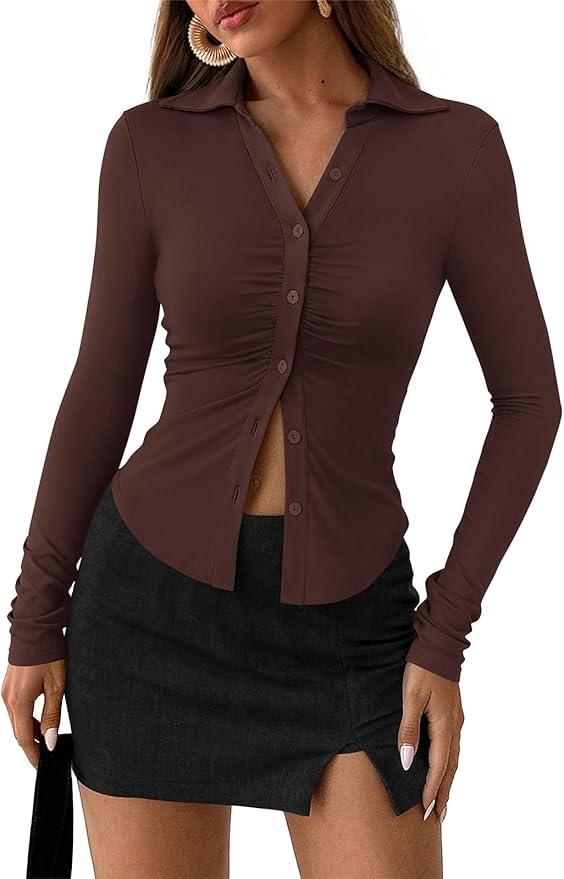 PRETTYGARDEN Womens Button Down Shirts V Neck Collared Ruched Slim Fit Long Sleeve Shirt Casual Spring Fashion Ladies Tops (Large, Black)