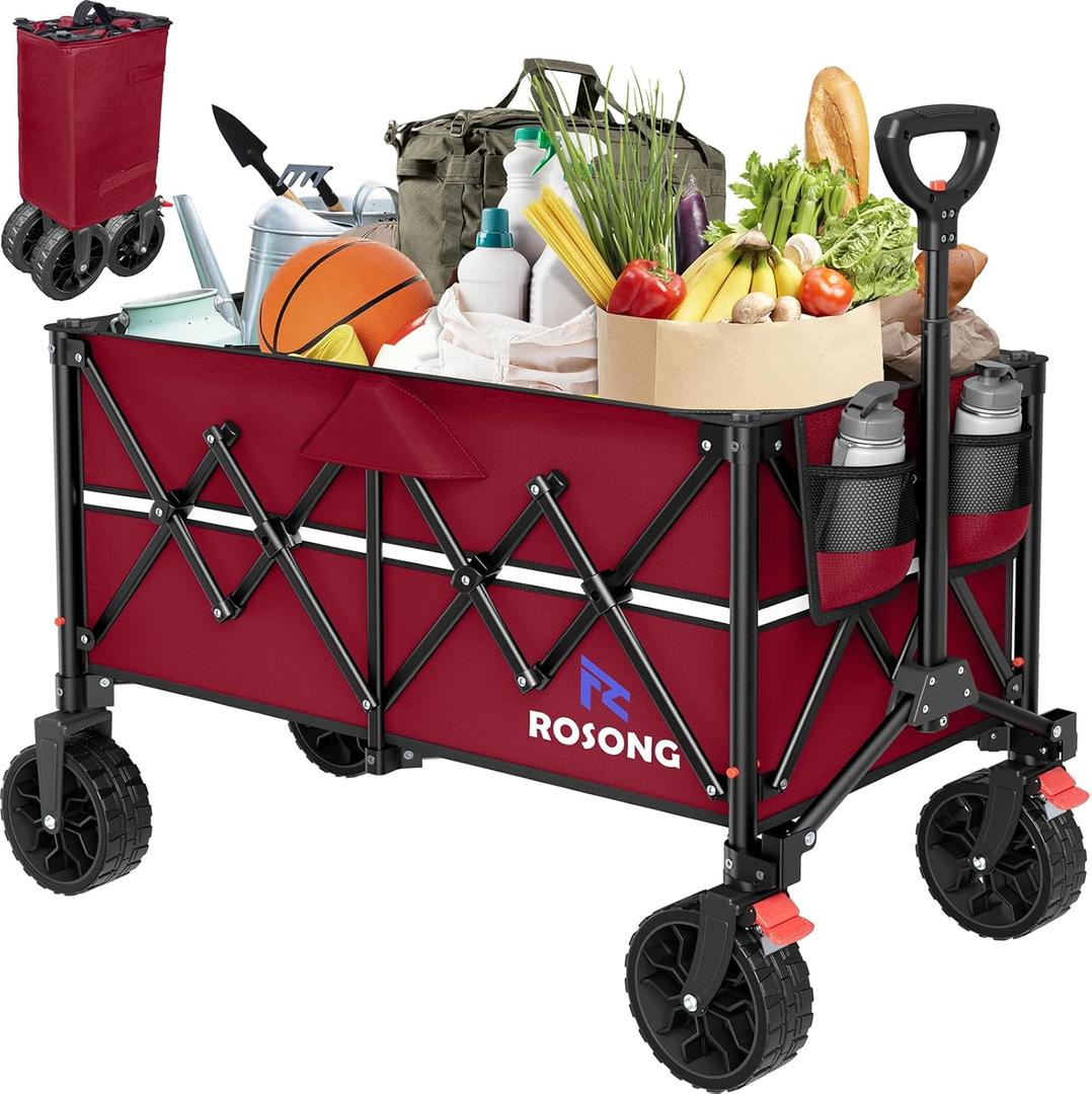 Burgundy Folding Wagon Cart with Wheels Foldable - Collapsible Wagons Carts Heavy Duty, Fold Up Portable Utility Wagon for Grocery Beach Sports Fishing Camping Shopping (150L)