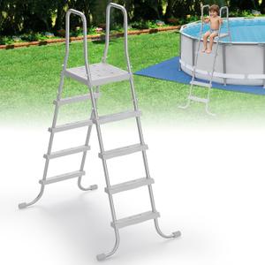 52" 4-Step Steel Frame Above Ground Swimming Pool Ladder, Heavy Duty Double Sided Removable Pool Steps with Non-Slip Plastic Steps and Platform for Entry and Exit the Pool