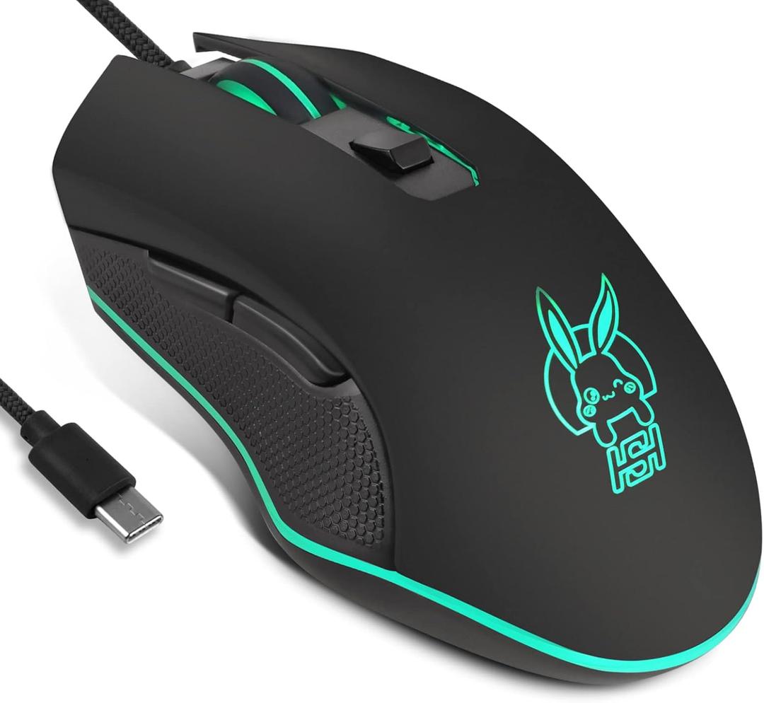 IULONEE USB Type C Wired Mouse,Silent Computer Mouse Optical Gaming Mice Ergonomic 7 LED Backlight 2400 DPI 6 Buttons for Office Home Windows PC,Laptop,Desktop,Notebook,MacBook (Type-C Black)