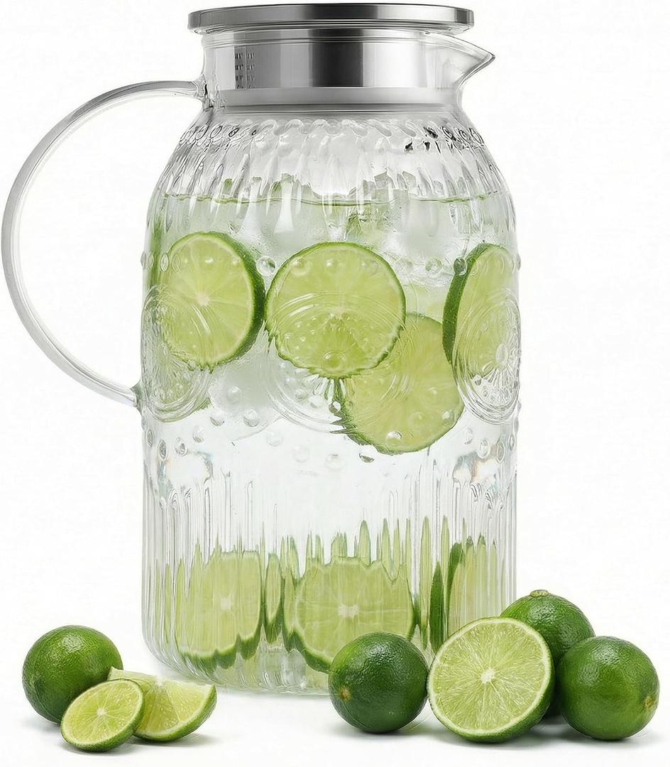 Bandesun Vintage Glass Pitcher with Lid, 128oz/ 1 Gallon Water Pitcher with Handle for Fridge Heat Resistant Borosilicate Water Jug, Carafe for Hot/Cold Coffee, Tea,Beverage 1Pack