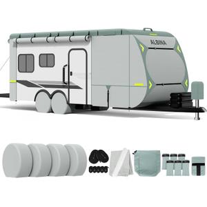 ALBINA 300D Oxford Travel Trailer RV Cover, 24-27" Waterproof Tearproof Windproof Camper Cover for Winter Snow with Zipper Door, Jack Cover, 4 Tire Covers and Wind Protector Straps