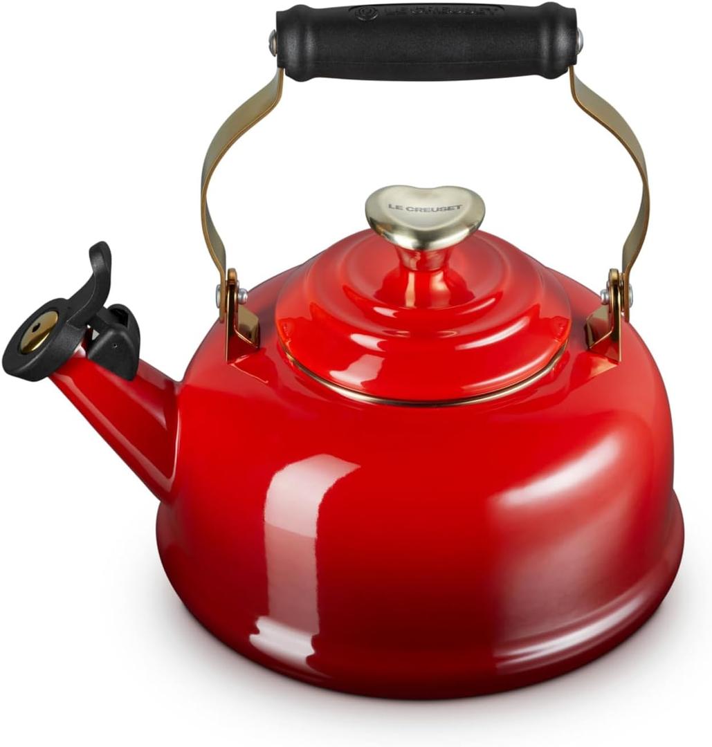 Le Creuset Enamel on Steel Whistling Tea Kettle, 1.7 Qt., Cerise with Light Gold Heart Knob Le Creuset Enamel on Steel Whistling Tea Kettle, 1.7 Qt., Cerise with Light Gold Heart Knob