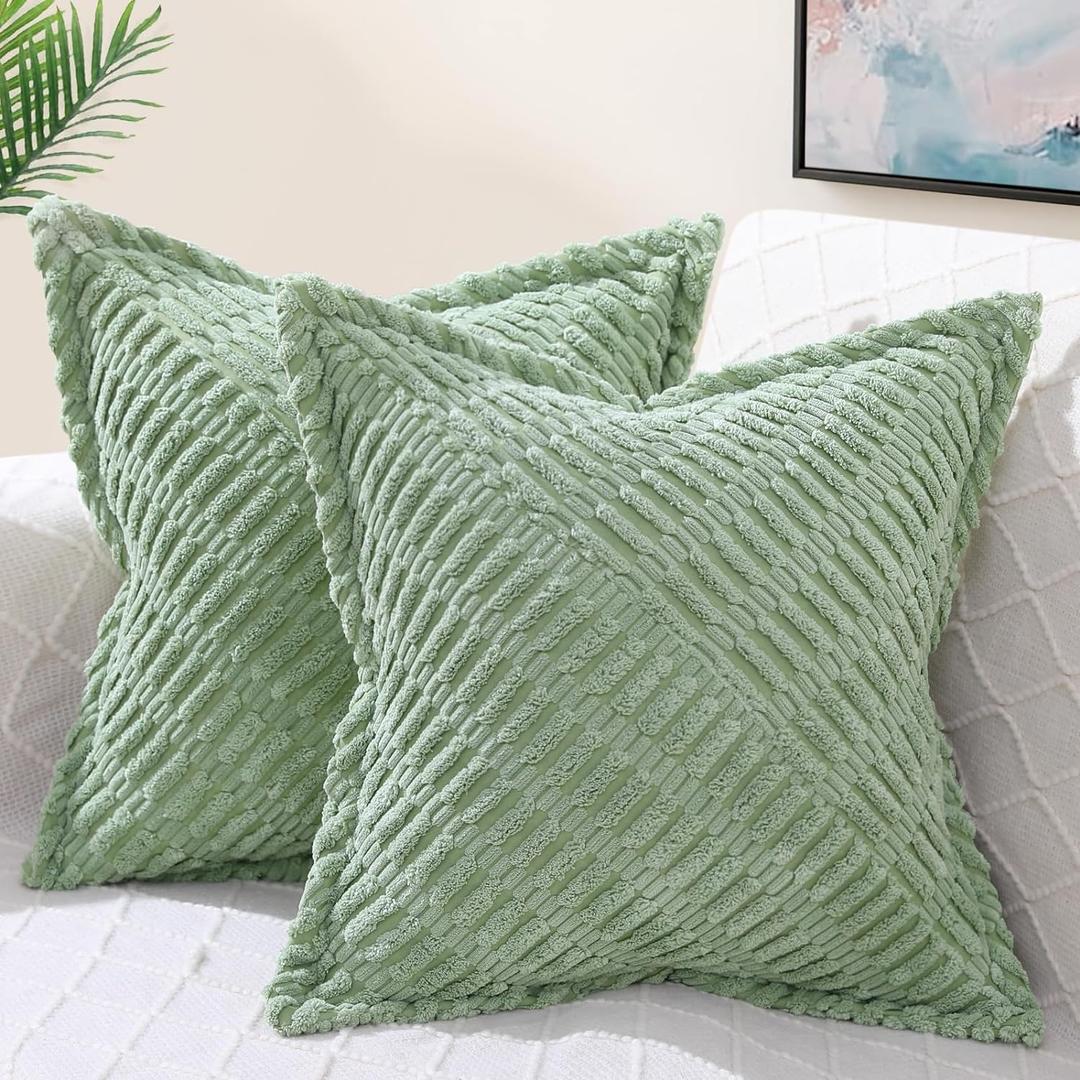 decorUhome Decorative Sage Green Throw Pillow Covers 18x18 Set of 2 with Splicing, Boho Soft Neutral Corduroy Broadside Twill Pillow Covers for Couch Bed Sofa Living Room