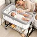 Baby Bassinets Bedside Sleeper with Wheels and Mattress, Cosleeping Baby Bed with Storage, Co-Sleeper Bassinet Attach to Bed, Bed Side Crib with Breathable Mesh, Height Adjustable(Gray), 35.4‘’L*21.7''W*28''-32.7''H