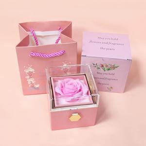 Rose Ring Box Rotates 360 Velvet Jewelry Box Eternal Rose Box Wedding Valentine's Day Mother's Day Christmas Gifts Artificial Flowers Decor for Romantic Gifts for Women Her (pink)