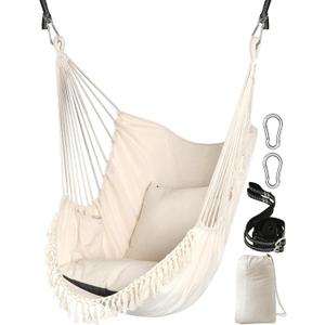 Chihee Hammock Chair Hanging Swing 2 Pillows Included,Strong Webbing Straps and Hooks for Easy Hanging Soft Cotton Hanging Chair Side Pocket Tassel Chair Comfort Indoor Outdoor (White)