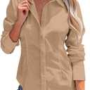 siliteelon Women's Button Down Shirts Long Sleeve Dress Shirts Wrinkle Free Collared Work Office Solid Blouses Corset Tops, 3X-Large, E Khaki