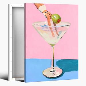 Vintage Cocktail Wall Art Playful Martini Olive Girl Diving into Cocktail Glass Posters Funky Aesthetic Canvas Prints Retro Bar Cart Decor for Bar Bedroom 8x12inch Framed (style-4)