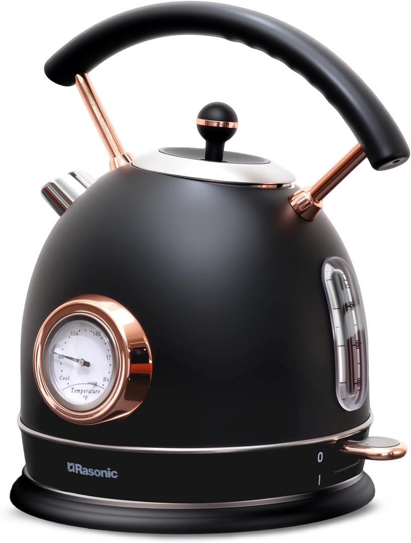 Rasonic Retro Electric Kettle Stainless Steel, 1.8L Tea Water Boiler, 1500W Fast Quiet Boil, Temperature Gauge, Auto Shut-Off, Boil-Dry Protection, Matt Black and Rose Gold