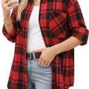 MANGOPOP Year-Round Flannel Shirt for Women - Lightweight Oversized Long Sleeve Button Down Plaid for Effortless Layering (Red, M)