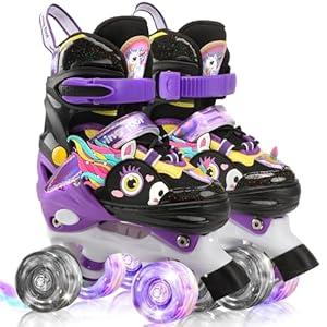 Dino Kids Toddler Roller Skates for Boys Girls,WESKIFAN Dinosaur Quad Skating Shoes with Shiny Light up Wheels&Adjustable Sizes Beginners rollerskates for Birthday Xmas Gifts (S(10~13J)