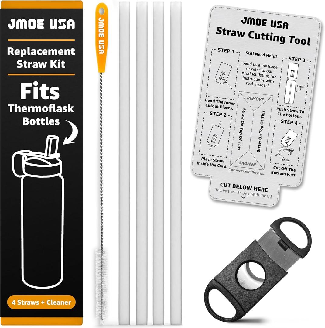 Jmoe USA Replacement Straws For Thermoflask Water Bottles | Fits 14, 16, 18, 24, 32, 40, 64 oz | BPA Free | Customizable Length With Measuring & Cutting Tool