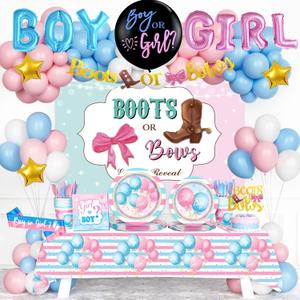 Boots or Bows Gender Reveal Decorations, Pink Blue Boy or Girl Gender Reveal Supplies, He or She Backdrop Banner Balloon Tablecloth Plate Napkin Cup Straw Knife Spoon Fork Sash 228 PCs