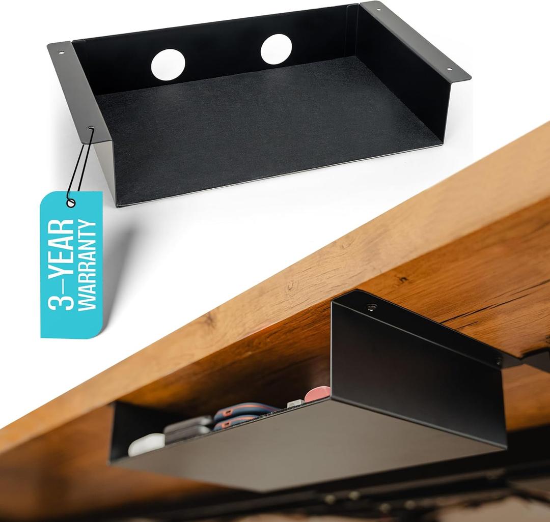 Under Desk Storage Shelf - Carbon Steel Under Desk Tray with Cable Management, Mountable Add-On Shelf for Table & Office Desks (13" x 8" x 2.8") (Medium)