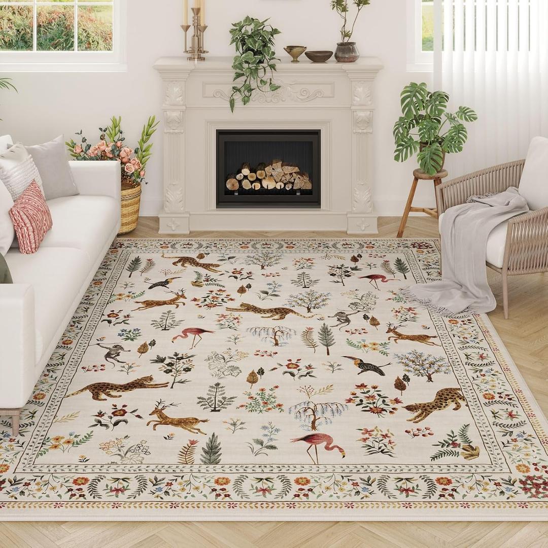 Area Rugs 8x10 Rug for Living Room Clearance Washable Boho Area Rug Non Slip Floral Animal Vintage Low Pile Large Rug for Living Room, Bedroom, Farmhouse, Dining Room, Kids Playroom (Beige)