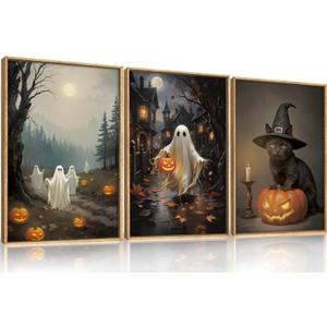 Spooky Halloween Ghost Lighted Pumpkin Framed Canvas Wall Art Set,Gothic Inspired Cute Black Cat Witch Hat Wall Decor,Vintage Foggy Forest Castle Artwork for Living Room, Bedroom-16 x24 x3