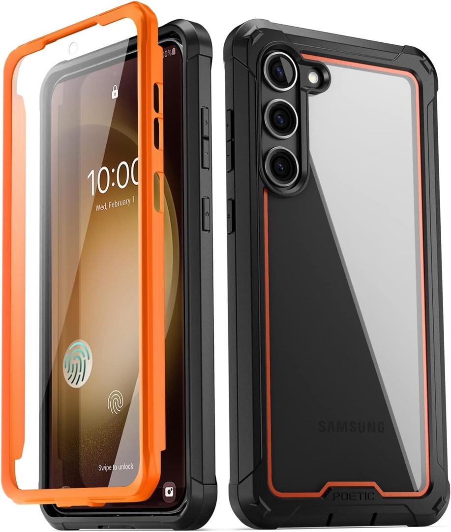 Poetic Guardian Case for S23+ Plus 5G 6.7" (2023) [20 FT Mil-Grade Drop Tested], Built-in Screen Protector Work with Fingerprint ID, Full Body Rugged Shockproof Cover Case, Orange/Clear