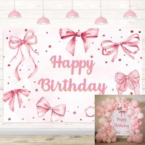 Pink Bow Happy Birthday Backdrop Coquette Birthday Party Photography Background for Girls Women Cute Bachelorette Party Baby Shower Decoration Banner (60x36 inch (5x3FT))