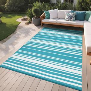 GarveeHome Outdoor Rug Mat for Patio, 9x12 Plastic Straw Rug, Modern Striped Outdoor Camping Rugs for Patio, RV, Porch, Deck, Backyard, Balcony, Camping, Trailer (Blue)