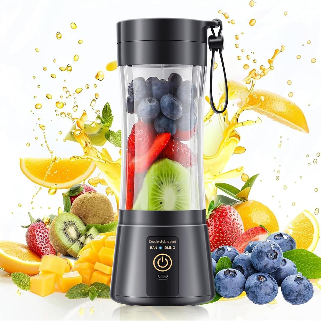 Portable Blender Personal Size Blender - Shakes and Smoothies, Cordless & USB Rechargeable, Lightweight with BPA-Free Cup Suit in Picnic/Sports/Office (Black),380 Milliliters