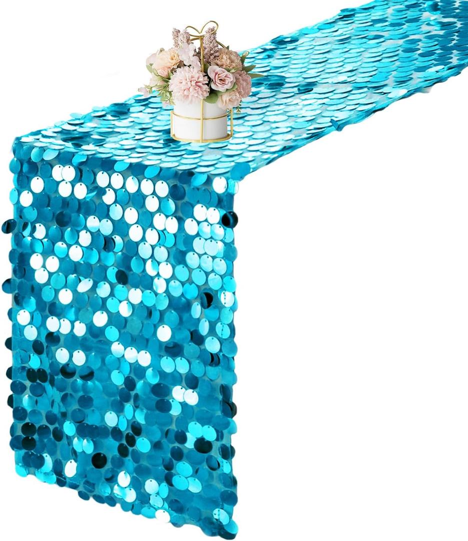 12 x 108 Inch Turquoise Sequin Table Runner Glitter Rectangle Big Sequin Table Runner for Wedding Party Birthday Christmas Halloween Decoration (1 Pack)