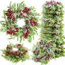 Lyrow 24 Pcs Christmas Candle Rings Wreath Xmas Kitchen Cabinet Mini Wreath Artificial Berries Snowy Pine Candle Ring Holder for Christmas Chandelier Home Table Centerpiece Indoor Decor