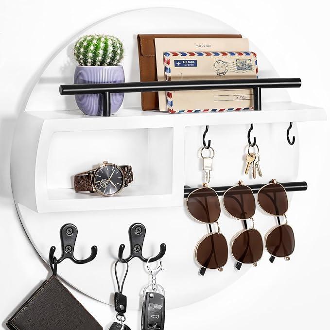 Key Holder Wall Mount, Round Wooden Key Rack with Shelf, Sunglasses Hanger, Storage Box, Multi Hooks, 12 Inch, White and Black