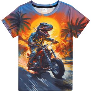 Funnycokid Boys Girls Shirts Graphic T-Shirt Neon Clothes Kids Novelty Youth Short Sleeve Animal Print Tees 4-16 Years (8-9 Years, Dinosaur)