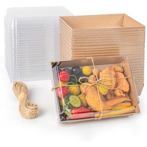 7x5 Inches Charcuterie Boxes with Clear Lids, 50 Pack Disposable Take Out Food Containers, Large Paper Bakery Cake Boxes for Strawberries, Cookies Cupcakes (Brown)