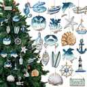 20 Pcs Christmas Metal Ornaments Ocean Beach Coastal Nautical Navigation Ornaments for Tree Starfish Seahorse Sea Turtle Hanging Decorations for Summer Party Xmas Hanging Decor