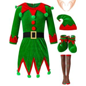Christmas Elf Costume Set Dress Santa's Helper Xmas Outfit with Hat Ears Belt Socks Shoes 12Y L