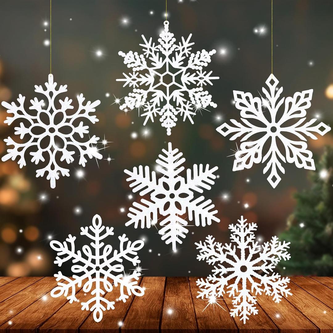 Fovths 6 Pieces Large White Snowflake Ornaments 12 Inches Plastic Christmas Snowflakes Decorations Glittered Hanging Snowflakes for Christmas Tree Decorations Indoor Outdoor Window Room