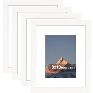 8x10 Picture Frame Set of 4, High Definition Real Glass, Display Pictures 5x7 with Mat or 8x10 Without Mat, Gallery Wall Hanging or Tabletop Photo Frames, White