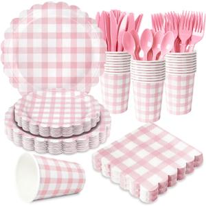 175 PCS Pink Gingham Party Supplies Includes Pink Gingham Paper Plates, Cups, Napkins, Cutlery for Baby & Bridal Shower, Wedding, Birthday Party, Outdoor Picnic, Serves 25