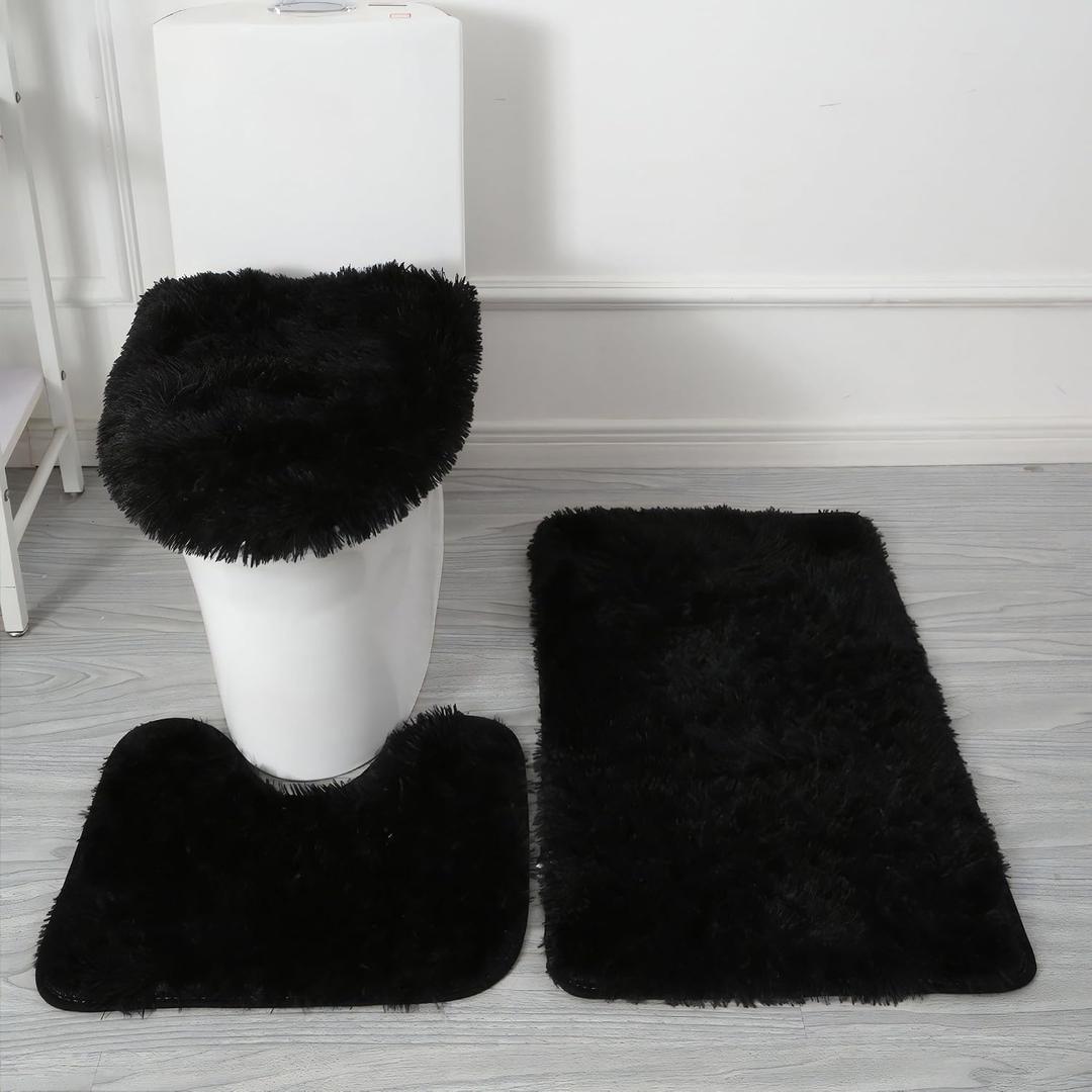 Eanpet Black Bathroom Rugs Sets 3Piece Bath Mat Solid Bath Rug Floor Mats Washable Shower Rug with U-Shaped Contour Rug Toilet Lid Cover, Set of 3
