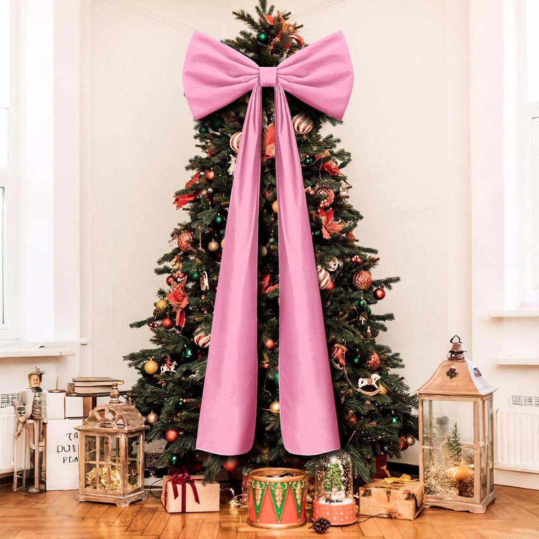 20 x 71 Inches Christmas Extra Large Velvet Bows Christmas Tree Topper Decor Giant Xmas Tree Toppers Bows for Home Wreath Wall Backdrop Birthday Wedding Party Decorations(Pink)