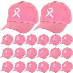 Handepo 20 Pcs Breast Cancer Awareness Baseball Cap with Ribbon Print Adjustable Hat with Hook and Loop for Women Men (as pictures show, Pink)