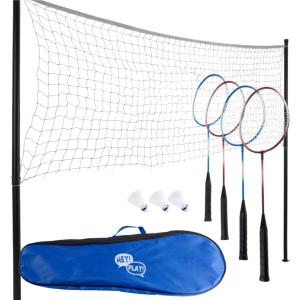 Badminton Set - Backyard Games Include 4 Badminton Rackets, 3 Birdies, Regulation-Size Net with Pole Stakes and Carry Bag - Outdoor Sports by Hey Play, One Size