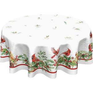Kawani Winter Holly Tablecloth Round 60 Inch Christmas Red Birds Watercolor Trees Leaves Decorative Table Cloth Xmas Holiday Polyester Table Cover for Dining Room Home Christmas Table Decor