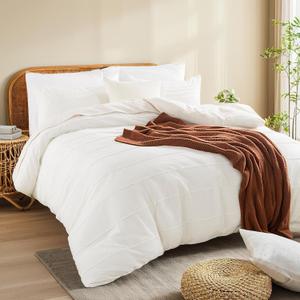 NEXHOME PRO 100% Organic Cotton Duvet Cover Queen Size, Linen Like Pleated Textured White Duvet Cover Set, 3pc Bedding Set with Zipper Closure, Soft, Lightweight and Breathable,90"x90", No Comforter