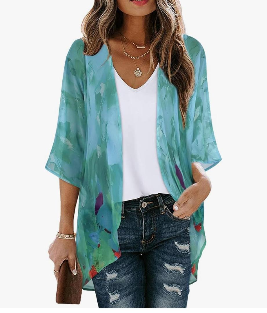 Women's Floral Print Puff Sleeve Kimono Cardigan Loose Cover Up Casual Blouse Tops, Large