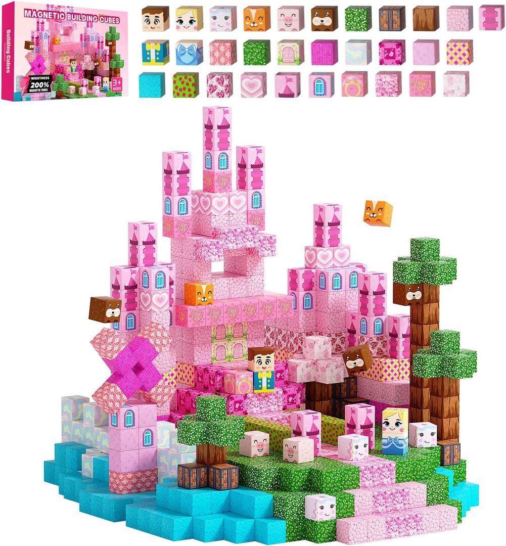 100PCS Magnetic Building Blocks, Pink Magnetic Cubes STEM Sensory Toys, Magnetic Blocks Stacking Construction Toys for Kids Ages 3+, Birthday for Boys Girls