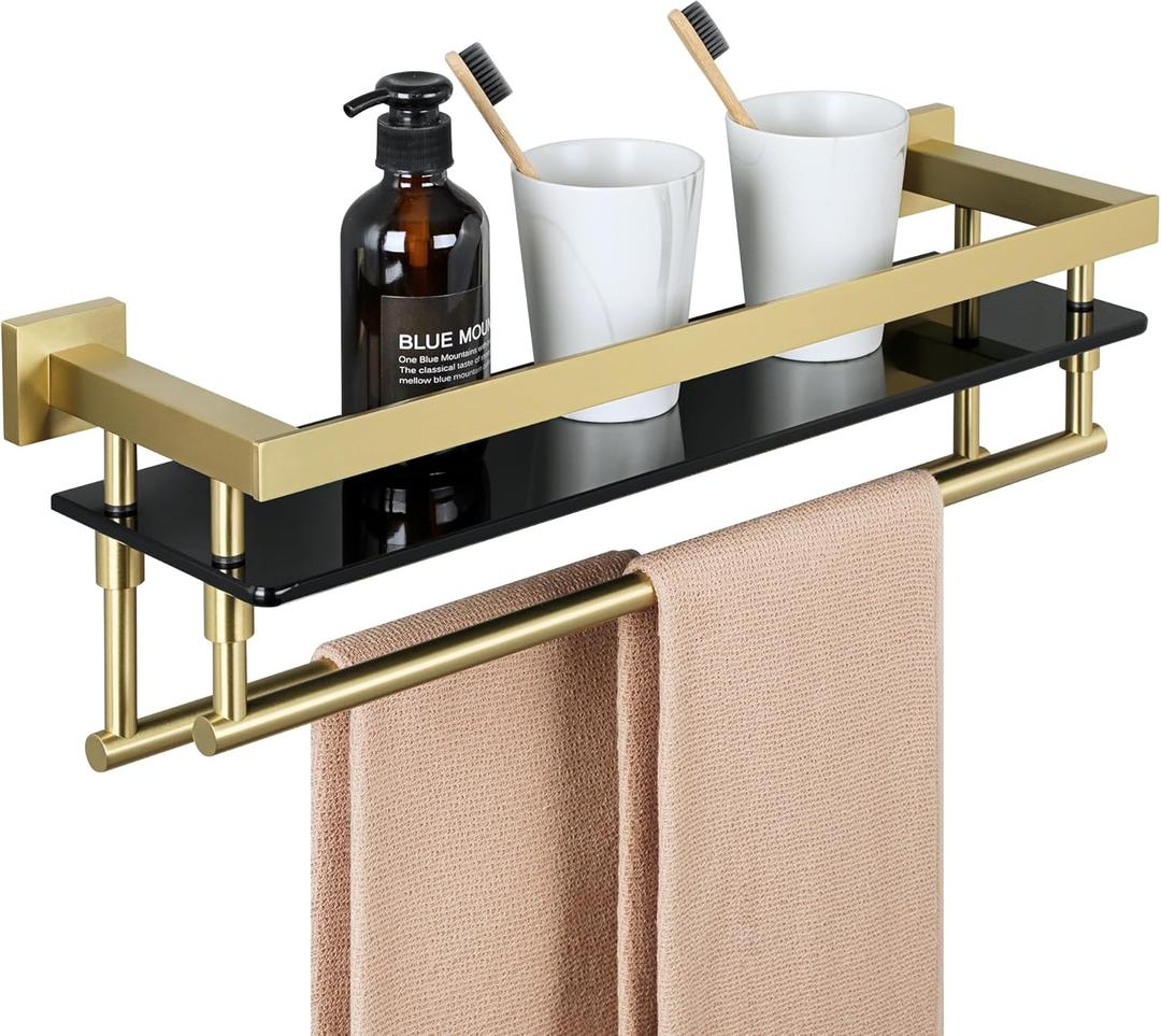 Alise Bathroom Glass Shelf with Double Towel Bar, Tempered Glass Bathroom Shelf Wall Mounted, SUS304 Stainless Steel Modern Floating Shelf, Brushed Gold, 20 inch (Gold and Black)