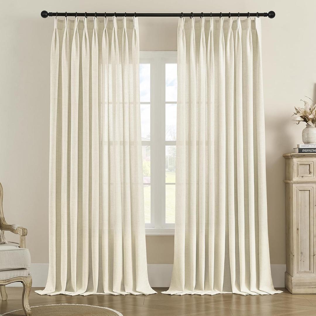 MASWOND Pinch Pleated Sheer Curtains 84 Inches Long for Living Room, Faux Linen Pinch Pleat Drapes for Bedroom Light Filtering Window Curtains with Tieback and Hooks (52" x 84", Natural, 1 Panel)