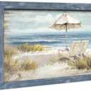 Modern Coastal Framed Wall Art: Beach Chair Painting Seaside Wood Decor Rustic Blue Ocean Artwork Calming Seascape Nature Picture Sea Deckchair Landscape Prints for Bedroom Bathroom Living Room